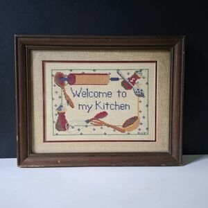 90s Welcome To My Kitchen Handmade Needlepoint Cross Stitch Art Wall Hanging